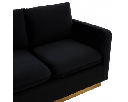 LeisureMod Nervo Modern Mid-Century Upholstered Velvet Loveseat with Gold Base - Midnight Black