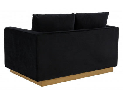 LeisureMod Nervo Modern Mid-Century Upholstered Velvet Loveseat with Gold Base - Midnight Black