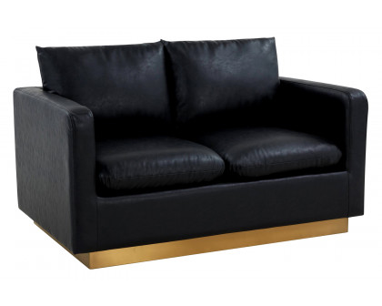 LeisureMod Nervo Modern Mid-Century Upholstered Leather Loveseat with Gold Base