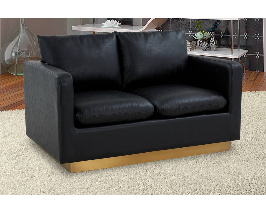 LeisureMod Nervo Modern Mid-Century Upholstered Leather Loveseat with Gold Base