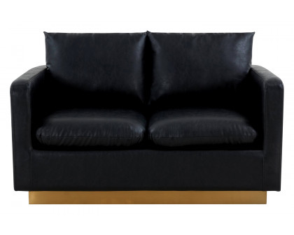 LeisureMod Nervo Modern Mid-Century Upholstered Leather Loveseat with Gold Base - Black