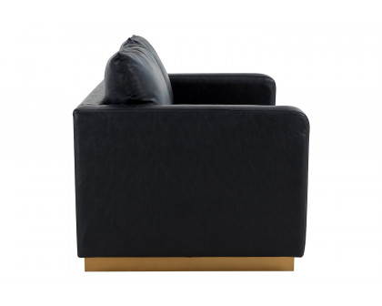 LeisureMod Nervo Modern Mid-Century Upholstered Leather Loveseat with Gold Base - Black