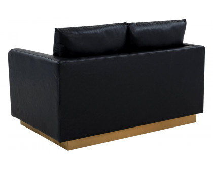 LeisureMod Nervo Modern Mid-Century Upholstered Leather Loveseat with Gold Base - Black