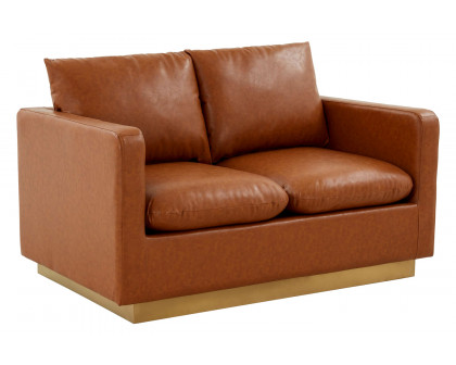 LeisureMod Nervo Modern Mid-Century Upholstered Leather Loveseat with Gold Base