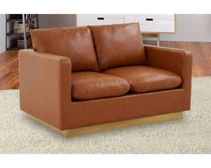 LeisureMod Nervo Modern Mid-Century Upholstered Leather Loveseat with Gold Base - Cognac/Tan