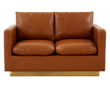 LeisureMod Nervo Modern Mid-Century Upholstered Leather Loveseat with Gold Base - Cognac/Tan