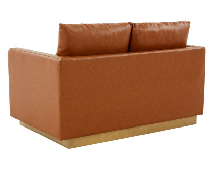 LeisureMod Nervo Modern Mid-Century Upholstered Leather Loveseat with Gold Base - Cognac/Tan