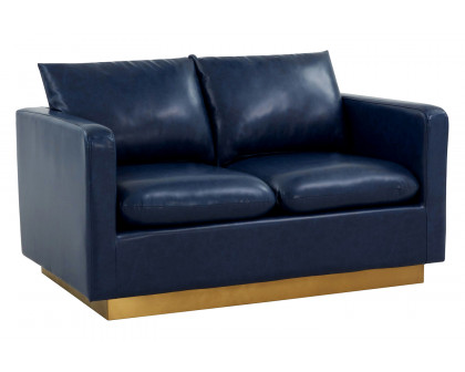 LeisureMod Nervo Modern Mid-Century Upholstered Leather Loveseat with Gold Base