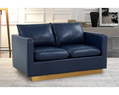 LeisureMod Nervo Modern Mid-Century Upholstered Leather Loveseat with Gold Base - Navy Blue