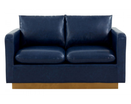 LeisureMod Nervo Modern Mid-Century Upholstered Leather Loveseat with Gold Base - Navy Blue