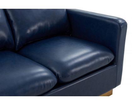 LeisureMod Nervo Modern Mid-Century Upholstered Leather Loveseat with Gold Base - Navy Blue