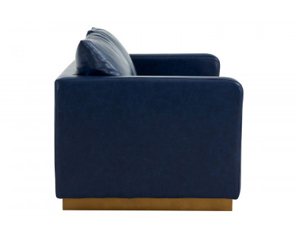 LeisureMod Nervo Modern Mid-Century Upholstered Leather Loveseat with Gold Base - Navy Blue