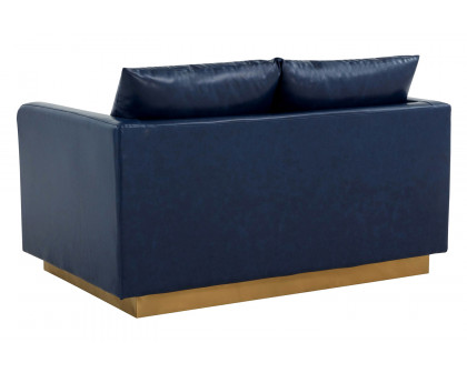 LeisureMod Nervo Modern Mid-Century Upholstered Leather Loveseat with Gold Base - Navy Blue