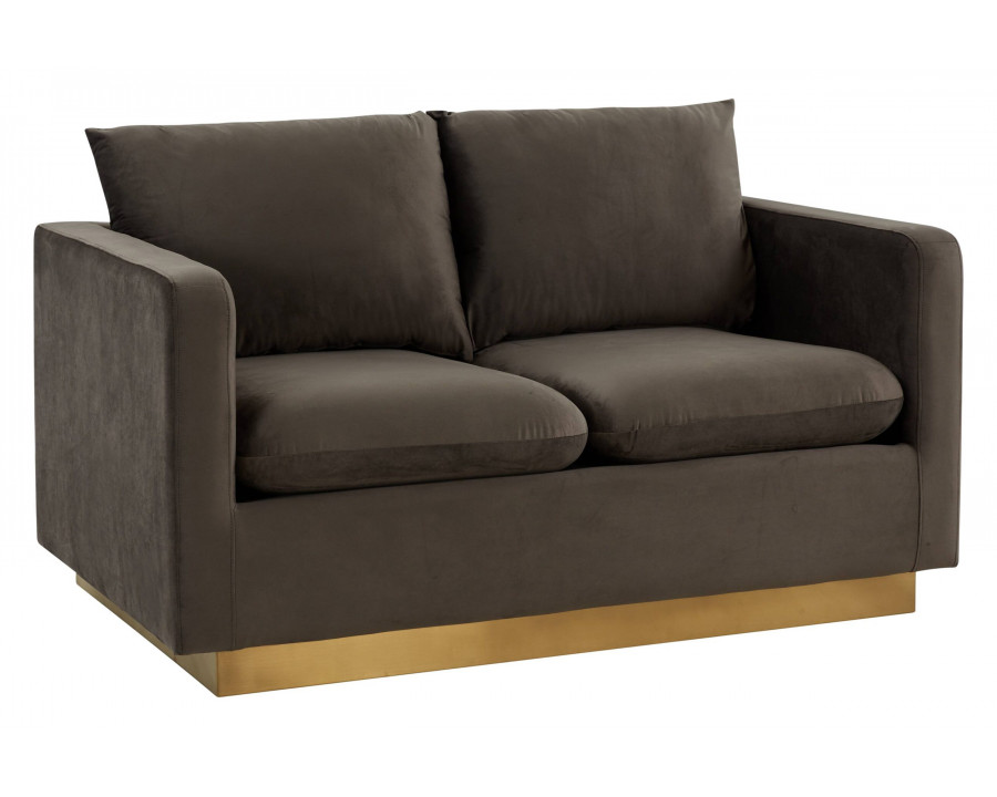 LeisureMod Nervo Modern Mid-Century Upholstered Velvet Loveseat with Gold Base - Dark Gray