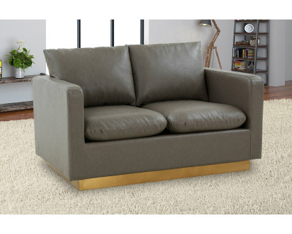 LeisureMod Nervo Modern Mid-Century Upholstered Leather Loveseat with Gold Base - Gray