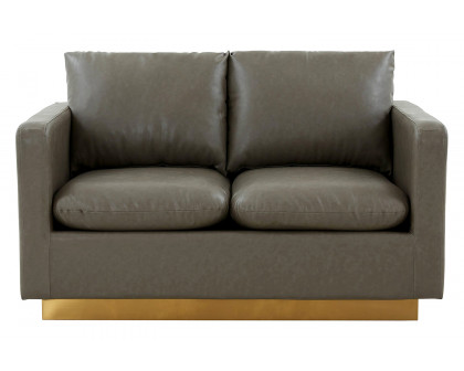 LeisureMod Nervo Modern Mid-Century Upholstered Leather Loveseat with Gold Base - Gray