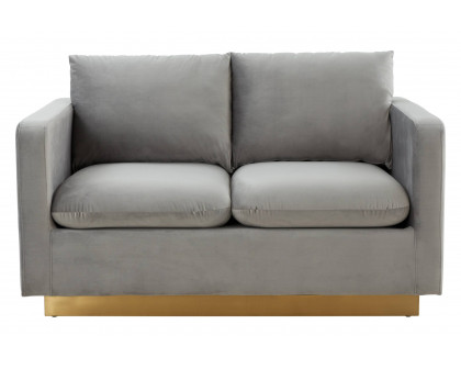 LeisureMod Nervo Modern Mid-Century Upholstered Velvet Loveseat with Gold Base - Light Gray