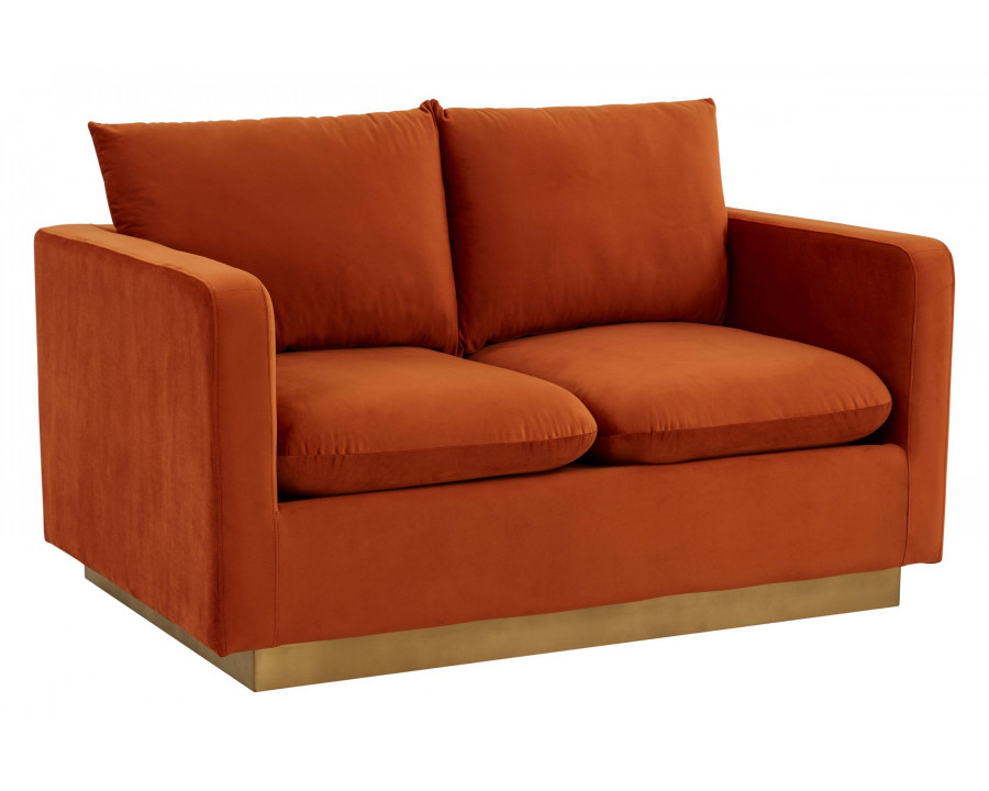 LeisureMod Nervo Modern Mid-Century Upholstered Velvet Loveseat with Gold Base - Orange Marmalade