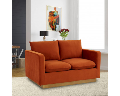 LeisureMod Nervo Modern Mid-Century Upholstered Velvet Loveseat with Gold Base - Orange Marmalade