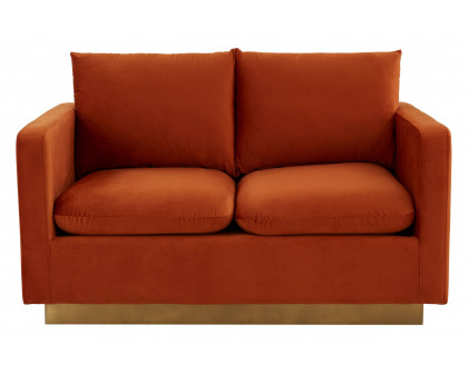 LeisureMod Nervo Modern Mid-Century Upholstered Velvet Loveseat with Gold Base - Orange Marmalade