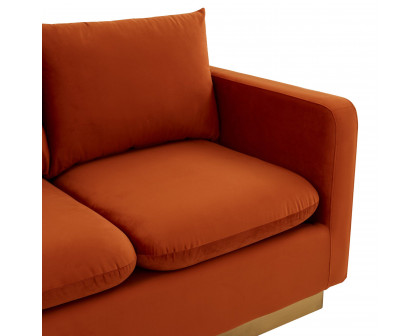 LeisureMod Nervo Modern Mid-Century Upholstered Velvet Loveseat with Gold Base - Orange Marmalade