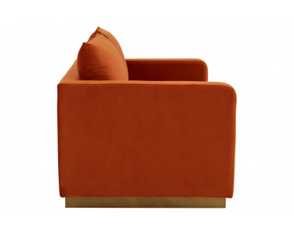 LeisureMod Nervo Modern Mid-Century Upholstered Velvet Loveseat with Gold Base - Orange Marmalade