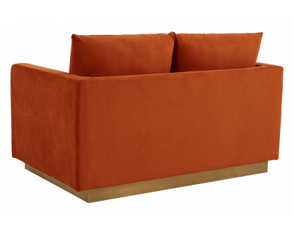 LeisureMod Nervo Modern Mid-Century Upholstered Velvet Loveseat with Gold Base - Orange Marmalade