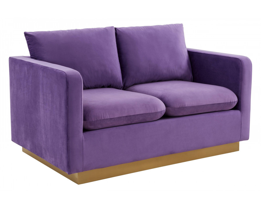 LeisureMod Nervo Modern Mid-Century Upholstered Velvet Loveseat with Gold Base - Purple