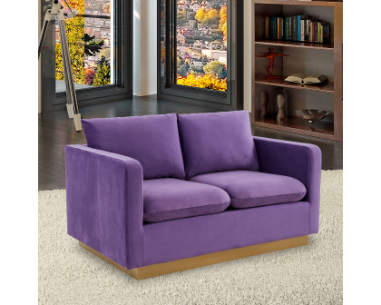 LeisureMod Nervo Modern Mid-Century Upholstered Velvet Loveseat with Gold Base - Purple