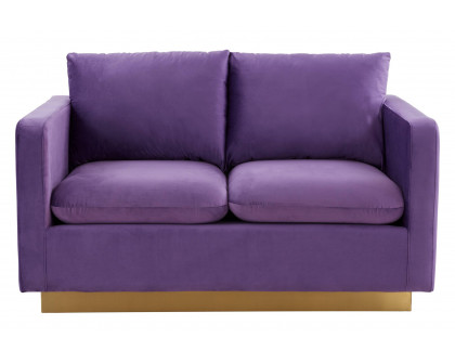 LeisureMod Nervo Modern Mid-Century Upholstered Velvet Loveseat with Gold Base - Purple