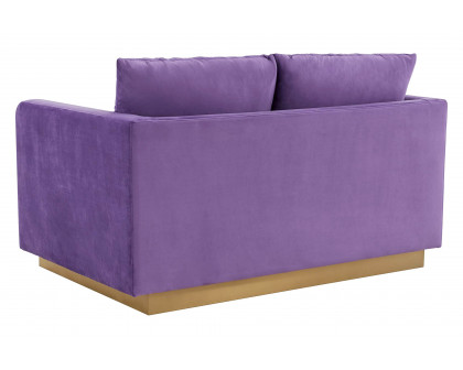 LeisureMod Nervo Modern Mid-Century Upholstered Velvet Loveseat with Gold Base - Purple