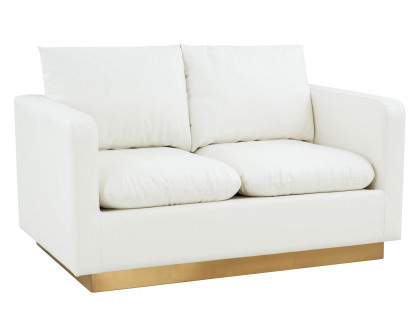 LeisureMod Nervo Modern Mid-Century Upholstered Leather Loveseat with Gold Base