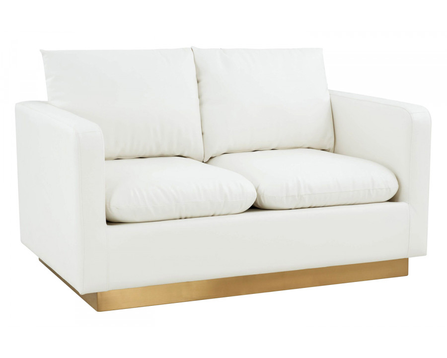 LeisureMod Nervo Modern Mid-Century Upholstered Leather Loveseat with Gold Base - White