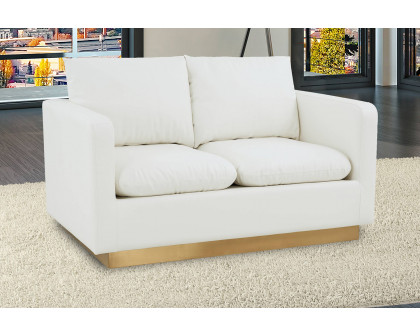 LeisureMod Nervo Modern Mid-Century Upholstered Leather Loveseat with Gold Base - White