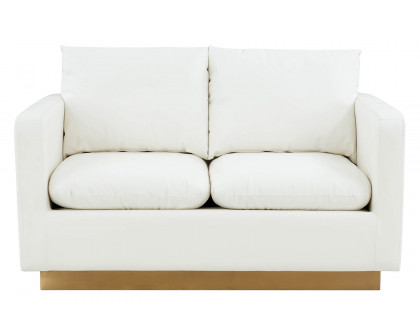 LeisureMod Nervo Modern Mid-Century Upholstered Leather Loveseat with Gold Base - White