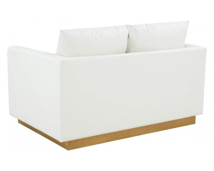 LeisureMod Nervo Modern Mid-Century Upholstered Leather Loveseat with Gold Base - White