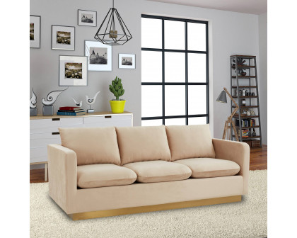 LeisureMod Nervo Modern Mid-Century Upholstered Velvet Sofa with Gold Base - Beige