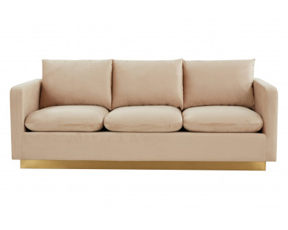 LeisureMod Nervo Modern Mid-Century Upholstered Velvet Sofa with Gold Base - Beige