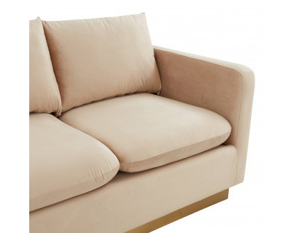 LeisureMod Nervo Modern Mid-Century Upholstered Velvet Sofa with Gold Base - Beige