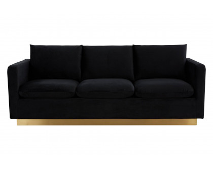 LeisureMod Nervo Modern Mid-Century Upholstered Velvet Sofa with Gold Base - Midnight Black