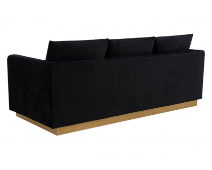 LeisureMod Nervo Modern Mid-Century Upholstered Velvet Sofa with Gold Base - Midnight Black