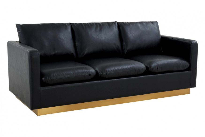 LeisureMod™ Nervo Modern Mid-Century Upholstered Leather Sofa with Gold Base - Black