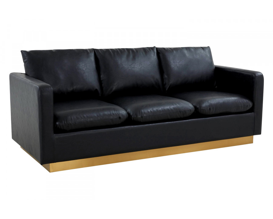 LeisureMod Nervo Modern Mid-Century Upholstered Leather Sofa with Gold Base - Black