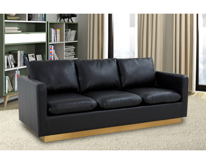 LeisureMod™ Nervo Modern Mid-Century Upholstered Leather Sofa with Gold Base - Black