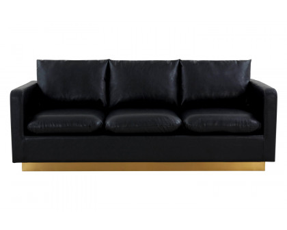 LeisureMod™ Nervo Modern Mid-Century Upholstered Leather Sofa with Gold Base - Black