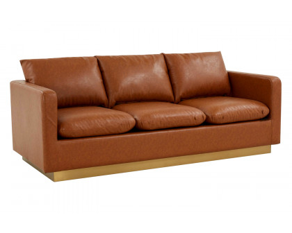 LeisureMod Nervo Modern Mid-Century Upholstered Leather Sofa with Gold Base