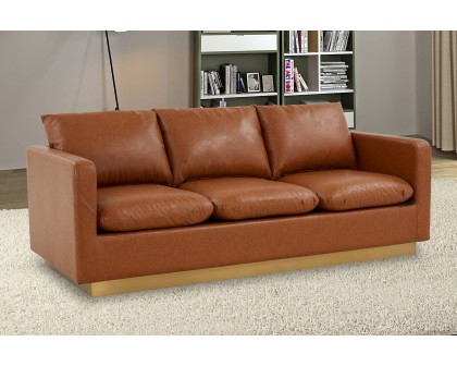 LeisureMod Nervo Modern Mid-Century Upholstered Leather Sofa with Gold Base - Cognac/Tan