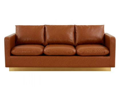 LeisureMod Nervo Modern Mid-Century Upholstered Leather Sofa with Gold Base - Cognac/Tan