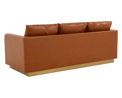 LeisureMod Nervo Modern Mid-Century Upholstered Leather Sofa with Gold Base - Cognac/Tan