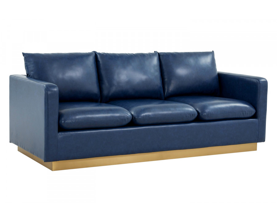 LeisureMod Nervo Modern Mid-Century Upholstered Leather Sofa with Gold Base